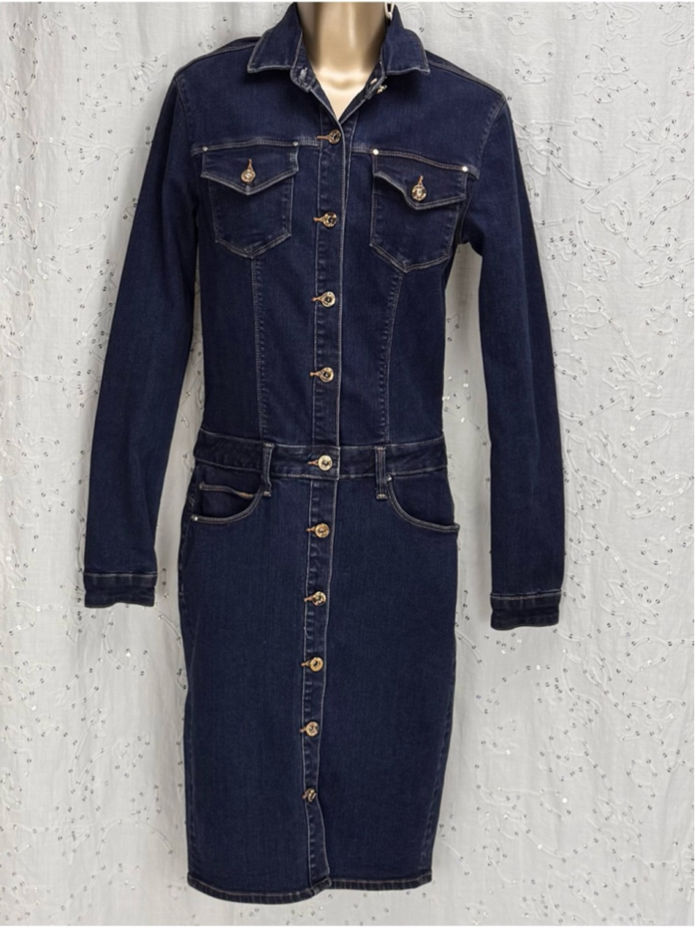 Dark Wash Denim Pencil Dress Button Front Stretch Bodycon S Francomina